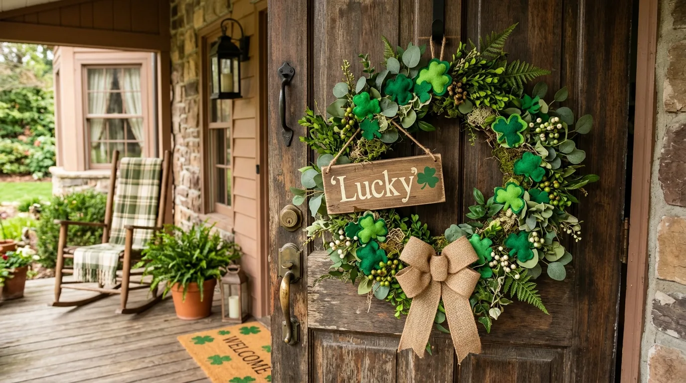 Wreath with a wooden lucky sign and greenery